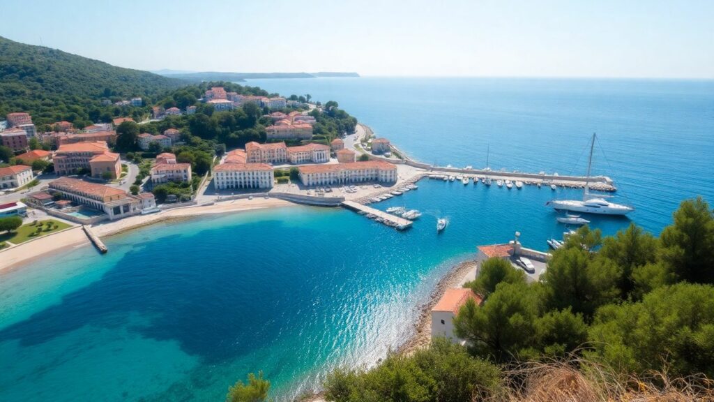 Plage ensoleillée avec des eaux bleues claires et des bâtiments côtiers.