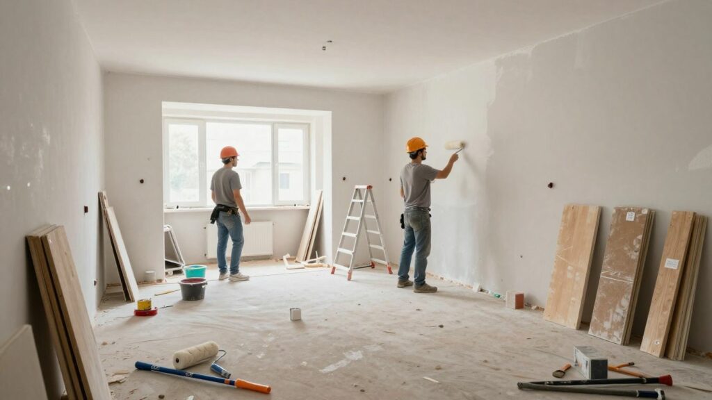 Aménagement intérieur : outils et artisans au travail.