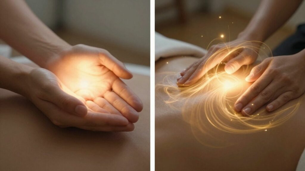 Mains en lévitation, lumière douce et dorée, guérison énergétique.