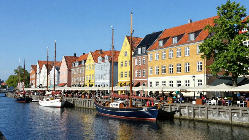 Flensburg harbor with boats and colorful historic buildings