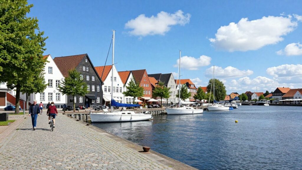 Flensburg harbor with historic buildings and sailboats
