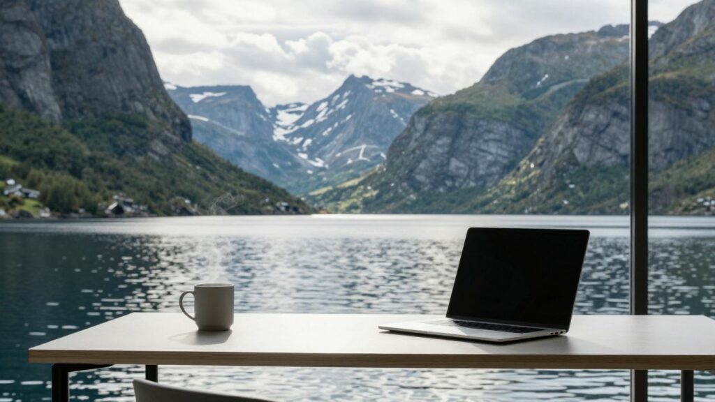 Remote workspace overlooking a Norwegian fjord.